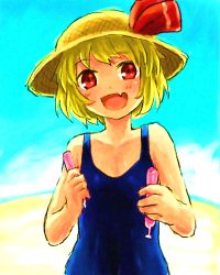 Rule 34 | 1girl, bad id, bad pixiv id, beach, fang, female focus, furorida, hat, outdoors, rumia, sky, smile, solo, swimsuit, touhou, tupet, upper body
