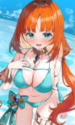 Rule 34 | 1girl, alternate costume, aqua bikini, aqua eyes, bare shoulders, bikini, blush, breasts, cleavage, collarbone, commentary request, detached sleeves, genshin impact, gold collar, hand on own chest, highres, large breasts, long hair, long sleeves, looking at viewer, low twintails, navel, nilou (genshin impact), open mouth, puffy long sleeves, puffy sleeves, red hair, smile, solo, stomach, swimsuit, thighlet, tsukise miwa, twintails