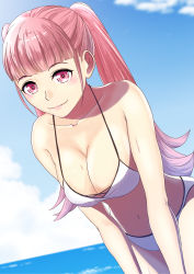 Rule 34 | 1girl, absurdres, bikini, blue sky, breasts, cleavage, closed mouth, cloud, day, female focus, fire emblem, fire emblem: three houses, highres, hilda valentine goneril, large breasts, long hair, matching hair/eyes, navel, nintendo, outdoors, pink eyes, pink hair, sky, smile, solo, sukkirito (rangusan), swimsuit, twintails, water, white bikini