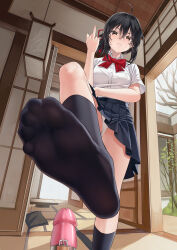 Rule 34 | 1girl, absurdres, ahoge, barefoot, bdsm, black hair, black skirt, black socks, bow, breasts, brown eyes, chastity cage, closed mouth, collared shirt, commentary request, erection, feet, foot focus, foot out of frame, frown, hair between eyes, hair ribbon, highres, indoors, kimi no na wa., middle finger, miyamizu mitsuha, no shoes, panties, penis, pleated skirt, red bow, ribbon, school uniform, shirt, short hair, short sleeves, skirt, small breasts, socks, soles, solo focus, standing, standing on one leg, toenails, toes, underwear, upskirt, white panties, xo (xo17800108)