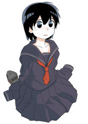 Rule 34 | 1girl, absurdres, age regression, black hair, blush, child, female focus, haida katsuretsu, highres, original, oversized clothes, pleated skirt, red neckwear, sailor collar, school uniform, short hair, simple background, sitting, skirt, sleeves past wrists, solo, tears, white background, aged down