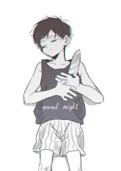 Rule 34 | 1boy, bare shoulders, black hair, black tank top, closed eyes, closed mouth, collarbone, colored skin, english text, hair behind ear, highres, holding, holding knife, kitchen knife, knife, lying, omori, omori (omori), on back, ryaa1234, shorts, sleeveless, solo, striped clothes, striped shorts, tank top, vertical-striped clothes, vertical-striped shorts, white background, white shorts, white skin