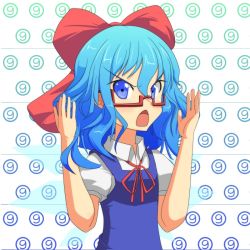 Rule 34 | circled 9, 1girl, angry, bespectacled, blue eyes, blue hair, bow, cato (monocatienus), cirno, glasses, hair bow, ice, ice wings, looking at viewer, matching hair/eyes, open mouth, solo, touhou, wings
