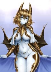 Rule 34 | 1girl, barbariank, blonde hair, blue skin, breasts, colored skin, commentary, dragon girl, dungeons &amp; dragons, english commentary, gold dragon (d&amp;d), hair between eyes, half-closed eyes, highres, horns, large breasts, light smile, looking at viewer, medium hair, monster girl, navel, personification, scales, solo, whiskers, wings, yellow eyes
