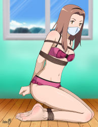 Rule 34 | 1girl, absurdres, barefoot, bdsm, bikini, bondage, bound, bound ankles, bound wrists, breast bondage, breasts, brown eyes, brown hair, cleavage, cloth gag, digimon, digimon adventure tri., gag, gagged, highres, improvised gag, legs, looking at viewer, medium breasts, navel, over the nose gag, pink bikini, shadow xcp, solo, swimsuit, tachikawa mimi, thighs