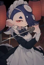 Rule 34 | 1girl, absurdres, apron, black dress, blue hair, bow, cephalopod eyes, closed mouth, dress, earrings, frilled apron, frills, highres, holding, holding sword, holding weapon, jewelry, lantern, maid, maid apron, maid headdress, multiple earrings, nintendo, octoling, prat rat, red eyes, shiver (splatoon), solo, splatoon (series), splatoon 3, suction cups, sword, tentacle hair, tooth earrings, weapon, white apron