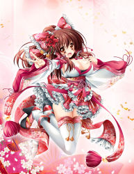 Rule 34 | 1girl, adapted costume, arm ribbon, bow, breasts, brown eyes, brown hair, cherry blossoms, cleavage, clog sandals, detached sleeves, floral print, flower, hair bow, hair flower, hair ornament, hair tubes, hakurei reimu, highres, japanese clothes, jumping, kamiya tomoe, kimono, large breasts, leg ribbon, long hair, long sleeves, looking at viewer, no bra, obi, okobo, open mouth, outstretched arm, petals, platform footwear, platform heels, ponytail, ribbon, sandals, sash, smile, solo, thighhighs, touhou, v, very long hair, white thighhighs, wide sleeves, zettai ryouiki