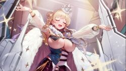 Rule 34 | 1girl, ark re:code, blonde hair, blurry, breasts, bubble, cleavage, closed eyes, crown, game cg, highres, large breasts, open mouth, underboob