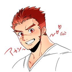 Rule 34 | 1boy, akashi (live a hero), bara, cropped shoulders, facial hair, goatee, grin, heart, highres, kozuki (yonsamo4), live a hero, long sideburns, looking at viewer, male focus, red eyes, red hair, scar, scar on face, scar on nose, short hair, sideburns, smile, solo, thick eyebrows, translation request