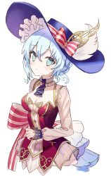 Rule 34 | 1girl, absurdres, aqua eyes, ascot, atelier (series), blue ascot, blue hair, blue hat, bow, breasts, cleavage, closed mouth, hair between eyes, hat, hat bow, highres, light blue hair, long sleeves, looking at viewer, medium breasts, nelke to densetsu no renkinjutsushi tachi, nelke von luchetam, short hair, simple background, skirt, solo, standing, striped, striped bow, upper body, white background, white skirt, white sleeves, yaminava