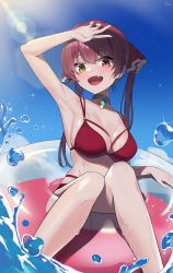 Rule 34 | 1girl, arm over head, arm up, bikini, binu (nadenade), blue sky, blush, breasts, choker, cleavage, day, fang, hair ribbon, heterochromia, highres, hololive, houshou marine, innertube, large breasts, lens flare, light rays, long hair, looking at viewer, multi-strapped bikini, open mouth, outdoors, red eyes, red hair, red ribbon, ribbon, shadow, signature, sitting, sky, solo, splashing, sunbeam, sunlight, swim ring, swimsuit, twintails, virtual youtuber, water, water drop, wet, yellow eyes