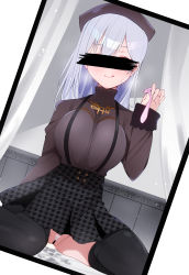 Rule 34 | 1girl, :q, absurdres, bar censor, beret, black skirt, black thighhighs, breasts, censored, condom, cum, cum in pussy, cumdrip, dutch angle, female pubic hair, hakase fuyuki, hat, highres, holding, holding condom, houndstooth, identity censor, jewelry, large breasts, long hair, long sleeves, luyheg, necklace, nijisanji, on bed, patterned clothing, photo (object), pubic hair, silver hair, silver pubic hair, sitting, skirt, solo, stained sheets, suspender skirt, suspenders, sweat, thighhighs, tongue, tongue out, used condom, virtual youtuber, wariza
