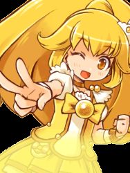 Rule 34 | 10s, 1girl, blonde hair, blush, bow, choker, cure peace, dress, hair flaps, hair ornament, kise yayoi, long hair, magical girl, one eye closed, ponytail, precure, shigatake, skirt, smile, smile precure!, solo, transparent background, v, wink, wrist cuffs, yellow bow, yellow dress, yellow eyes, yellow skirt, yellow theme