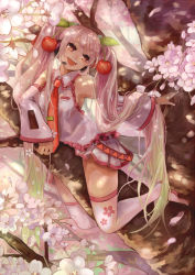 Rule 34 | 1girl, armpits, bare shoulders, cherry, cherry blossoms, climbing, detached sleeves, dress, food, fruit, hatsune miku, highres, in tree, leg hold, long hair, lying, md5 mismatch, name connection, object namesake, on stomach, open mouth, outdoors, pink dress, pink eyes, pink hair, pink skirt, pink theme, pink thighhighs, pisuke, sakura miku, skirt, sleeveless, smile, solo, straddling, thighhighs, tree, twintails, very long hair, vocaloid, wide sleeves, zettai ryouiki