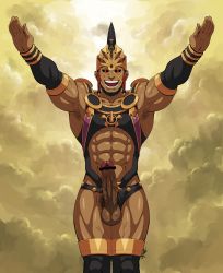 Rule 34 | 1boy, abs, absurdres, armpit hair, bar censor, bara, bare shoulders, black nails, black sclera, censored, chest harness, colored sclera, cowboy shot, dark-skinned male, dark skin, detached sleeves, erection, fate/grand order, fate (series), harness, helmet, highres, jewelry, lip piercing, male focus, muscular, nail polish, nose piercing, pectorals, penis, piercing, red eyes, revealing clothes, romulus (fate), shirako (kirupi), simple background, smile, solo, t-pose, testicles, thick thighs, thighs