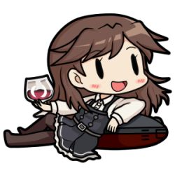 Rule 34 | 10s, 1girl, 90mm single high-angle gun mount, arashio (kancolle), bamomon, black pantyhose, blush, brown hair, chibi, commentary request, cup, cupping glass, dress, drinking glass, fairy (kancolle), frilled dress, frills, holding, holding cup, holding drinking glass, kantai collection, long hair, lowres, open mouth, pantyhose, pinafore dress, remodel (kantai collection), school uniform, skirt, sleeveless dress, solid oval eyes, solo, suspenders, wine glass
