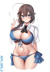 Rule 34 | 1girl, bikini, blue bikini, blue eyes, blush, braid, breasts, brown hair, commentary request, cowboy shot, front-tie bikini top, front-tie top, hair between eyes, hat, highres, kantai collection, large breasts, legs together, long hair, navel, official alternate costume, open clothes, open mouth, open shirt, shigure (kancolle), shigure kai san (kancolle), shirt, side-tie bikini bottom, simple background, single braid, smile, solo, straw hat, swimsuit, tf cafe, twitter username, white background, white shirt