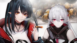 Rule 34 | 2girls, arknights, bad id, bad pixiv id, bare shoulders, binggong asylum, black choker, black hair, black jacket, choker, cigarette, closure (arknights), commentary request, cross hair ornament, detached sleeves, fang, hair ornament, hand up, highres, holding, holding cigarette, jacket, long hair, long sleeves, looking at viewer, multiple girls, open clothes, open jacket, orange eyes, originium (arknights), parted lips, pointy ears, red eyes, shirt, silver hair, smoke, smoking, t-shirt, two side up, upper body, warfarin (arknights), white background, white shirt