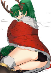 Rule 34 | 1girl, absurdres, ass, black panties, black thighhighs, boots, cape, christmas, cosplay, embarrassed, fire emblem, fire emblem: the blazing blade, fire emblem awakening, fire emblem heroes, green eyes, green hair, high ponytail, highres, long hair, lyn (fire emblem), nintendo, ormille, panties, ponytail, simple background, solo, tharja (cosplay), tharja (fire emblem), tharja (winter) (fire emblem), thighhighs, thighhighs under boots, underwear