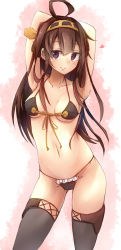 Rule 34 | 10s, 1girl, absurdres, adapted costume, ahoge, armpits, arms up, bikini, black bikini, breasts, brown hair, front-tie top, hairband, heart, highres, kantai collection, kongou (kancolle), long hair, looking at viewer, metindone, micro bikini, purple eyes, smile, solo, swimsuit, thighhighs