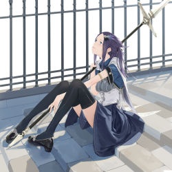 Rule 34 | 1girl, armlet, black footwear, black thighhighs, blue eyes, blue skirt, breasts, capelet, collared shirt, corset, dress shoes, earrings, feather hair ornament, fence, hair ornament, hairclip, highres, holding, holding polearm, holding spear, holding weapon, jewelry, long hair, looking up, original, partisan (weapon), polearm, purple hair, ring, shirt, short sleeves, sidelocks, sitting, sitting on stairs, skirt, solo, somehira katsu, spear, stairs, stone stairs, thighhighs, two side up, weapon, white capelet, white corset