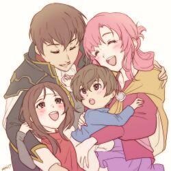 Rule 34 | 2boys, 2girls, ^ ^, altena (fire emblem), black jacket, blue shirt, brother and sister, brown hair, cape, child, closed eyes, ethlyn (fire emblem), family, father and daughter, father and son, fire emblem, fire emblem: genealogy of the holy war, hug, jacket, leif (fire emblem), mojakkoro, mother and daughter, mother and son, multiple boys, multiple girls, nintendo, pants, pink hair, pink shirt, quan (fire emblem), shirt, short hair, siblings, white background, white pants, yellow cape