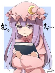 Rule 34 | 1girl, book, hugging book, coat, crescent, crossed arms, dress, hat, holding, holding book, hugging object, long hair, long sleeves, looking at viewer, mob cap, mukyuu, open clothes, open coat, patchouli knowledge, purple eyes, purple hair, simple background, solo, striped clothes, striped dress, tears, touhou, translated, upper body, wide sleeves, yutamaro