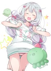 Rule 34 | 10s, 1girl, :d, ^ ^, adrenaline!!!, barefoot, blue hair, bow, closed eyes, clothes writing, eromanga sensei, hair bow, highres, izumi sagiri, long hair, nerokuro, open mouth, panties, pink bow, smile, solo, striped clothes, striped panties, stuffed animal, stuffed octopus, stuffed toy, thighs, twitter username, underwear, white background