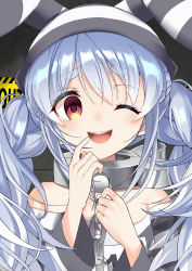 Rule 34 | 1girl, ;d, animal ears, blue hair, blurry, braid, caution tape, chain, collar, commentary request, depth of field, english text, hair between eyes, hands up, highres, hololive, keep out, kuuma25 kuma, light blush, long hair, long sleeves, looking at viewer, metal collar, off-shoulder shirt, off shoulder, one eye closed, open mouth, orange eyes, prison clothes, rabbit ears, shadow, shirt, smile, solo, striped clothes, striped headwear, striped shirt, teeth, thick eyebrows, twin braids, twintails, upper body, upper teeth only, usada pekora, usada pekora (prisoner), very long hair, virtual youtuber