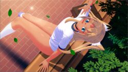 Rule 34 | 1girl, 3d, absurdres, artist request, ass, bare legs, blonde hair, blue buruma, blue eyes, breasts, buruma, bush, dark-skinned female, dark skin, futaba lili ramses, grass, gym uniform, highres, long hair, looking at viewer, looking up, salute, shiny skin, shirt, simple background, sitting, small breasts, smile, solo, taimanin (series), taimanin rpgx, tentacle and witches, twintails, white shirt, wide hips, wind