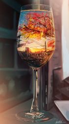 Rule 34 | absurdres, artist name, autumn leaves, banishment, blurry, blurry background, branch, cloud, commentary request, cup, depth of field, drinking glass, highres, huge filesize, leaf, no humans, original, power lines, reflection, scenery, sky, still life, sunset, tree, wine glass
