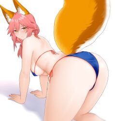 Rule 34 | 1girl, all fours, animal ear fluff, animal ears, arind yudha, ass, back, bare arms, bare legs, bikini, blue bikini, blush, breasts, closed mouth, fang, fate/grand order, fate (series), fox ears, fox girl, fox tail, hair between eyes, highres, large breasts, legs, long bangs, looking back, orange trim, pink hair, simple background, skin fang, solo, swimsuit, tail, tail raised, tamamo (fate), tamamo no mae (fate/extra), tamamo no mae (swimsuit lancer) (fate), tamamo no mae (swimsuit lancer) (third ascension) (fate), thighs, underboob, white background, yellow eyes
