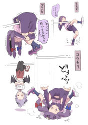 Rule 34 | 2girls, absurdres, ass, crescent, crescent hair ornament, exercising, gym shorts, gym uniform, hair ornament, hanging, highres, jacket, kawayabug, long hair, multiple girls, patchouli knowledge, pointy ears, ponytail, purple eyes, purple footwear, purple hair, purple shorts, red eyes, red footwear, red shorts, remilia scarlet, shirt, shoes, shorts, sweat, touhou, track jacket, translation request, upside-down, white shirt