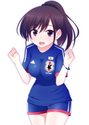 Rule 34 | 1girl, 2014 fifa world cup, absurdres, adidas, breasts, brown eyes, brown hair, highres, japan, nase, open mouth, original, short hair, side ponytail, smile, soccer, soccer uniform, solo, sportswear, world cup