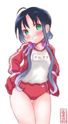 Rule 34 | 10s, 1girl, blouse, blue hair, buruma, dated, green eyes, gym uniform, hair ribbon, highres, jacket, kanon (kurogane knights), kantai collection, long hair, low twintails, name tag, open clothes, open jacket, ribbon, shirt, simple background, smile, solo, suzukaze (kancolle), track jacket, twintails