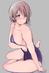 Rule 34 | 1girl, :t, absurdres, ankoiri, areola slip, barefoot, blush, breasts, commentary request, grey background, grey hair, highres, looking at viewer, love live!, love live! nijigasaki high school idol club, love live! school idol festival all stars, nakasu kasumi, one-piece swimsuit, pink eyes, pout, school swimsuit, short hair, simple background, sitting, small breasts, solo, strap pull, swimsuit, undressing