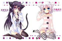 2girls animal_ears black_hair blue_eyes breasts cat_ears cat_tail cleavage collar long_hair meiya_neon multiple_girls original panties purple_eyes short_hair striped_clothes striped_panties tail thighhighs underwear white_hair