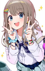 1girl :d absurdres aqua_eyes bag blush bow bowtie bracelet clothes_around_waist commentary_request double_v earrings green_jacket grey_hair gyaru highres idolmaster idolmaster_shiny_colors jacket jacket_around_waist jewelry kogal long_hair looking_at_viewer loose_bowtie morumoru_x nail_polish official_alternate_costume open_mouth round_teeth school_bag school_uniform serizawa_asahi simple_background skirt_rolled_up smile solo sparkle teeth v wavy_hair