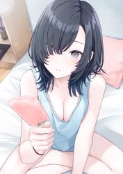 Rule 34 | 1girl, absurdres, bare legs, black hair, blue tank top, blush, bracelet, breasts, cleavage, food, grey eyes, hair over one eye, highres, holding, holding food, incoming food, jewelry, looking at viewer, medium breasts, mole, mole on arm, mole on shoulder, on bed, original, osabe tom, parted lips, popsicle, sitting, solo, tank top