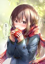 Rule 34 | 1girl, blurry, blurry background, blush, bokeh, brown eyes, brown hair, chocolate, coat, depth of field, duffel coat, enpera, gift, hair between eyes, highres, holding, holding gift, long hair, looking at viewer, original, plaid, plaid scarf, red scarf, sakura moyon, scarf, shy, sleeves past wrists, solo, sweater, upper body, valentine, winter clothes