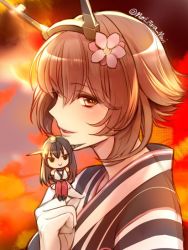 Rule 34 | 10s, 1girl, alternate costume, alternate eye color, black hair, brown eyes, character doll, commentary request, eyebrows, flower, gloves, hair between eyes, hair flower, hair ornament, headgear, japanese clothes, kantai collection, kimono, lips, long hair, looking at viewer, mutsu (kancolle), nagato (kancolle), one-hour drawing challenge, primary stage, red legwear, short hair, striped clothes, striped kimono, white gloves, yukata