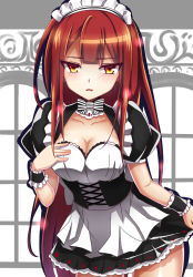 Rule 34 | 1girl, alternate costume, black skirt, bow, bowtie, breasts, cleavage, cowboy shot, crimson avenger (elsword), elesis (elsword), elsword, enmaided, highres, long hair, looking at viewer, maid, maid headdress, miniskirt, red hair, skirt, solo, striped, striped bow, wrist cuffs, yellow eyes, zetsuei (zetto)
