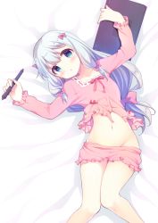 Rule 34 | 1girl, :o, arms up, bed sheet, blue eyes, blush, bow, clothes pull, collarbone, commentary request, drawing tablet, eromanga sensei, frills, from above, groin, gunp, hair bow, head tilt, highres, holding, izumi sagiri, knees together feet apart, long hair, long sleeves, looking at viewer, looking down, low-tied long hair, lying, navel, on back, open mouth, pajamas, pink bow, ribbon trim, shorts, shorts pull, simple background, solo, stomach, stylus, tareme, thighs, very long hair