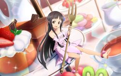 Rule 34 | 1girl, barefoot, black hair, blue flower, blunt bangs, child, detached sleeves, dress, fairy, fairy (sao), fairy wings, flower, fork, from above, hair flower, hair ornament, holding, holding fork, lens flare, long hair, long sleeves, looking at viewer, mini person, minigirl, pink dress, pink sleeves, pointy ears, short dress, sitting, solo, sparkle, strapless, strapless dress, sword art online, transparent wings, very long hair, white wings, wings, yui (sao-alo)