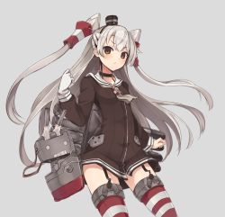 Rule 34 | &gt;:., 10s, 1girl, amatsukaze (kancolle), breasts, brown eyes, cowboy shot, cradle (2849), dress, garter straps, gloves, grey background, hair tubes, highres, kantai collection, long hair, long sleeves, looking at viewer, rensouhou-kun, sailor dress, short dress, silver hair, simple background, single glove, small breasts, solo, striped clothes, striped thighhighs, thighhighs, two side up, v-shaped eyebrows, white gloves
