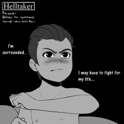 Rule 34 | 1boy, aged down, black background, blush, closed mouth, collarbone, copyright name, english text, greyscale, haaru, hair slicked back, helltaker, helltaker (character), monochrome, nipples, short hair, solo, sweat