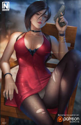 Rule 34 | 1girl, absurdres, ada wong, black hair, bob cut, breasts, brown hair, capcom, choker, cleavage, dress, gloves, gun, highres, large breasts, looking at viewer, nopeys, pantyhose, red dress, resident evil, resident evil 2, short hair, simple background, smile, solo, torn clothes, torn pantyhose, weapon