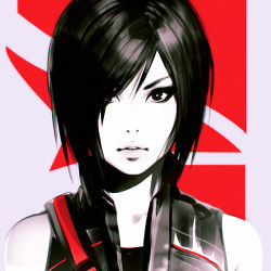 Rule 34 | 1girl, bare shoulders, black eyes, black hair, facial tattoo, faith connors, female focus, hair over one eye, ilya kuvshinov, lips, looking at viewer, mirror&#039;s edge, mirror&#039;s edge (series), mirror&#039;s edge catalyst, monochrome, parted lips, partially colored, portrait, short hair, solo, spot color, tattoo, upper body, vest