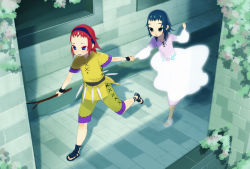 Rule 34 | bad id, bad pixiv id, blue hair, hairband, holding hands, ico, mono (shadow of the colossus), parody, red hair, running, shadow of the colossus, short hair, tensugi takashi, wander (shadow of the colossus)