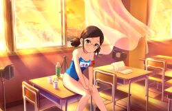 Rule 34 | 1girl, bare arms, bare legs, bare shoulders, black eyes, black hair, blue one-piece swimsuit, camera, chair, classroom, curtains, glasses, highres, idol, idolmaster, idolmaster cinderella girls, legs together, looking at viewer, notebook, one-piece swimsuit, saejima kiyomi, school chair, school swimsuit, short hair, short twintails, smile, sunset, swimsuit, third-party edit, twintails, wind, window